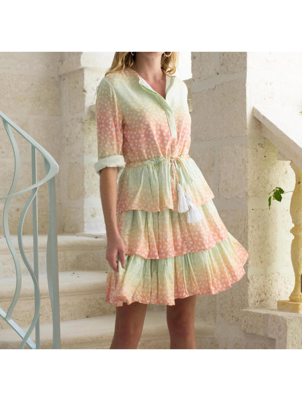 Sea Sage Caravel Sea Shells Resortwear Ruffled Tiered 100% Cotton Shirt Dress M